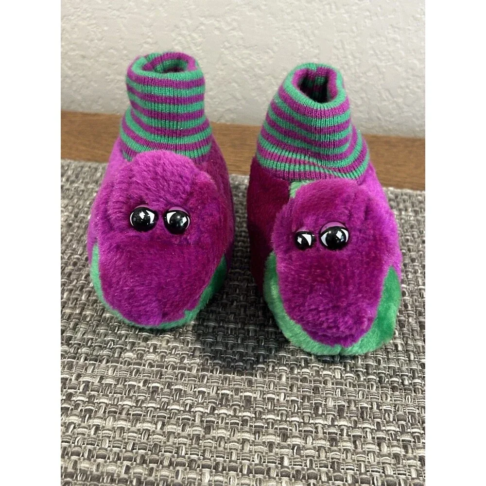 Vintage Barney The Dinosaur Slippers Plush 90s Kids Size 7-8 Purple Green 1993